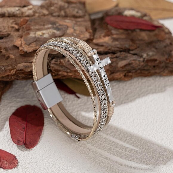 Cross Leather Bracelet Faux Leather Magnetic Clasp Religious Jewelry Women - Picture 4 of 6